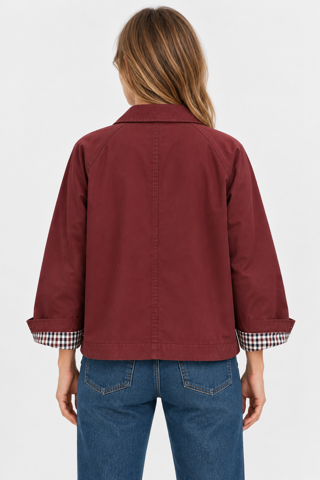 Women's short trench jacket with button front, patch pockets and checked cuff lining