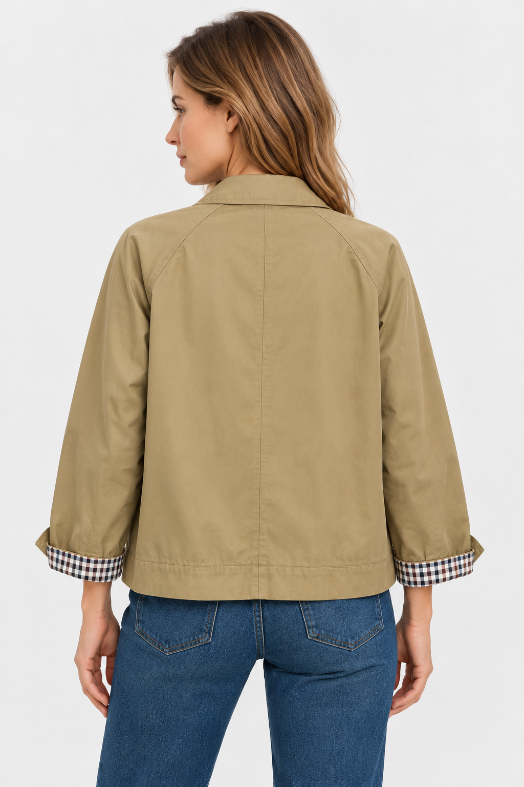 Women's short trench jacket with button front, patch pockets and checked cuff lining