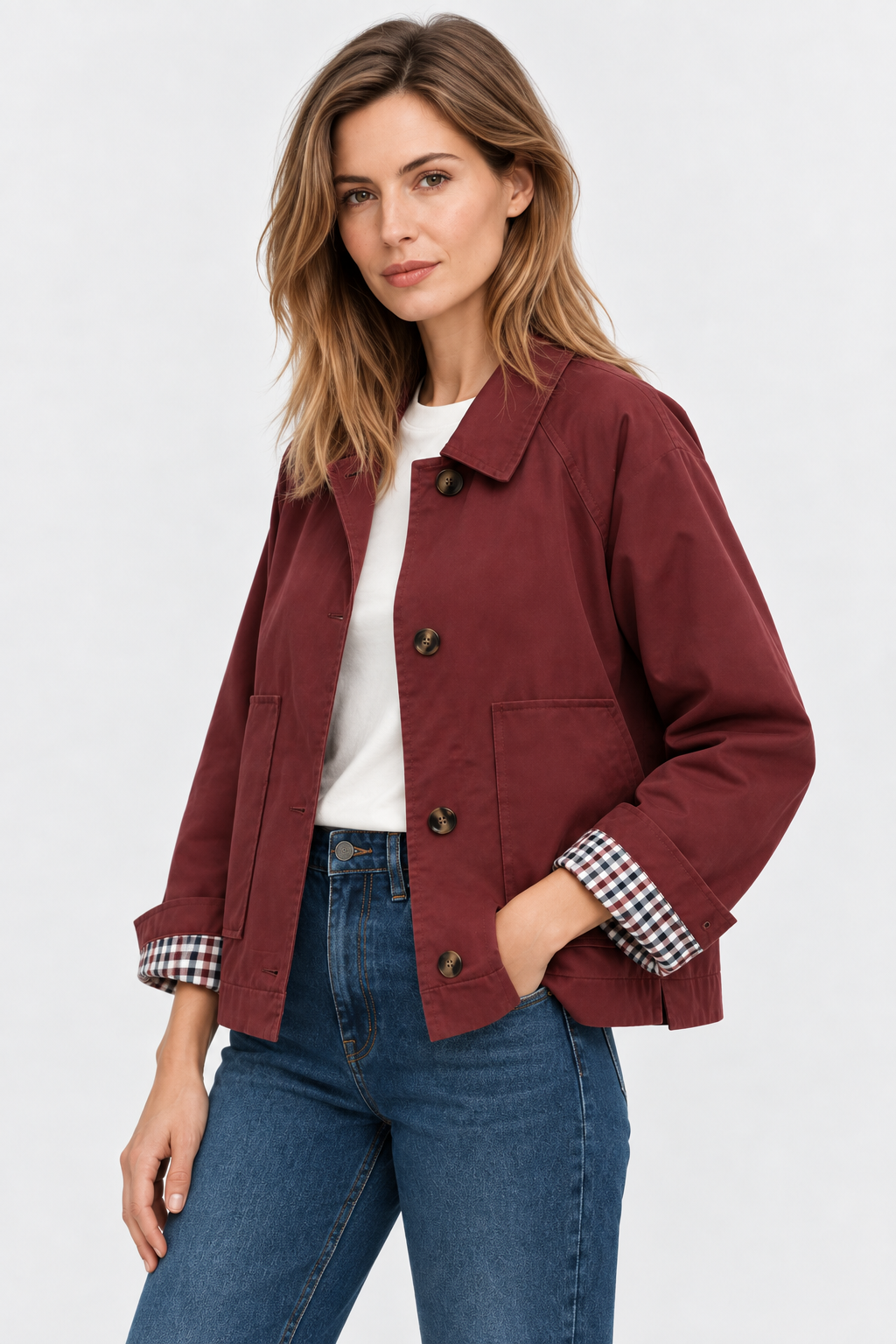 Women's short trench jacket with button front, patch pockets and checked cuff lining