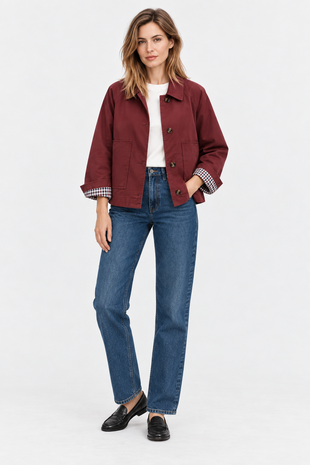 Women's short trench jacket with button front, patch pockets and checked cuff lining