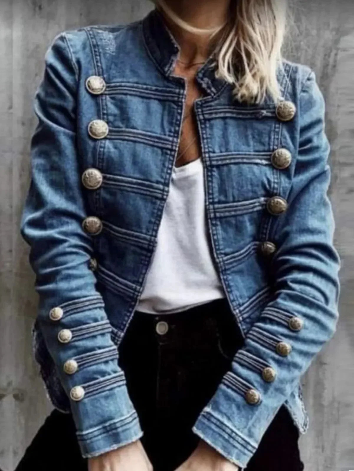 Women's blue denim jacket with mandarin collar, long sleeves and decorative buttons