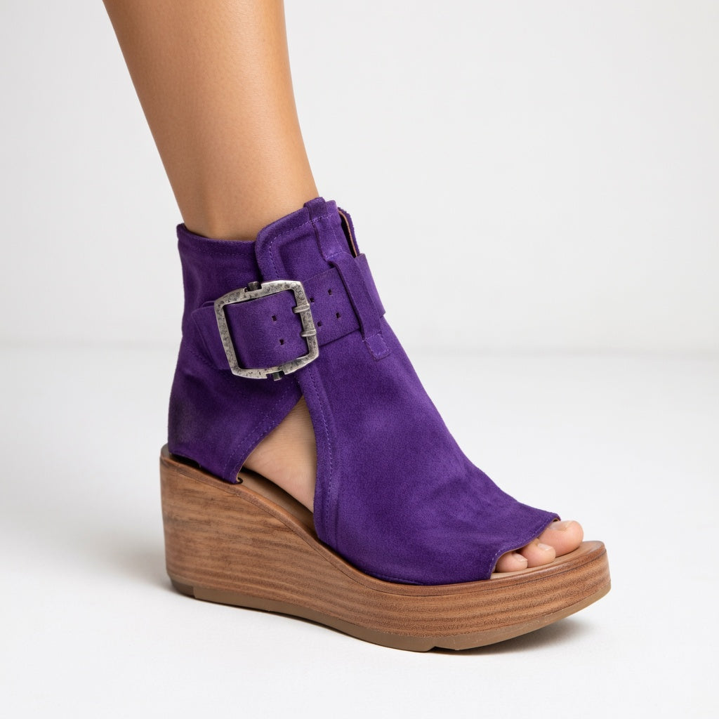 Women's open-toe wedge ankle boots with buckle strap and cut-out sides