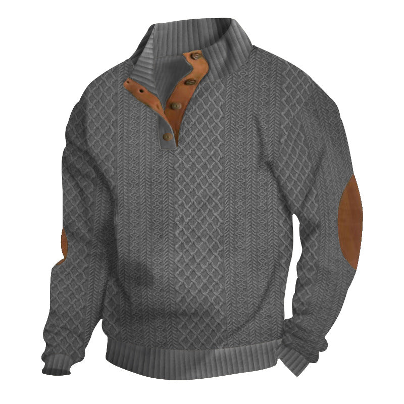 Men's Jumper Cable-Knit Stand Collar Elbow Patch - Dark Grey