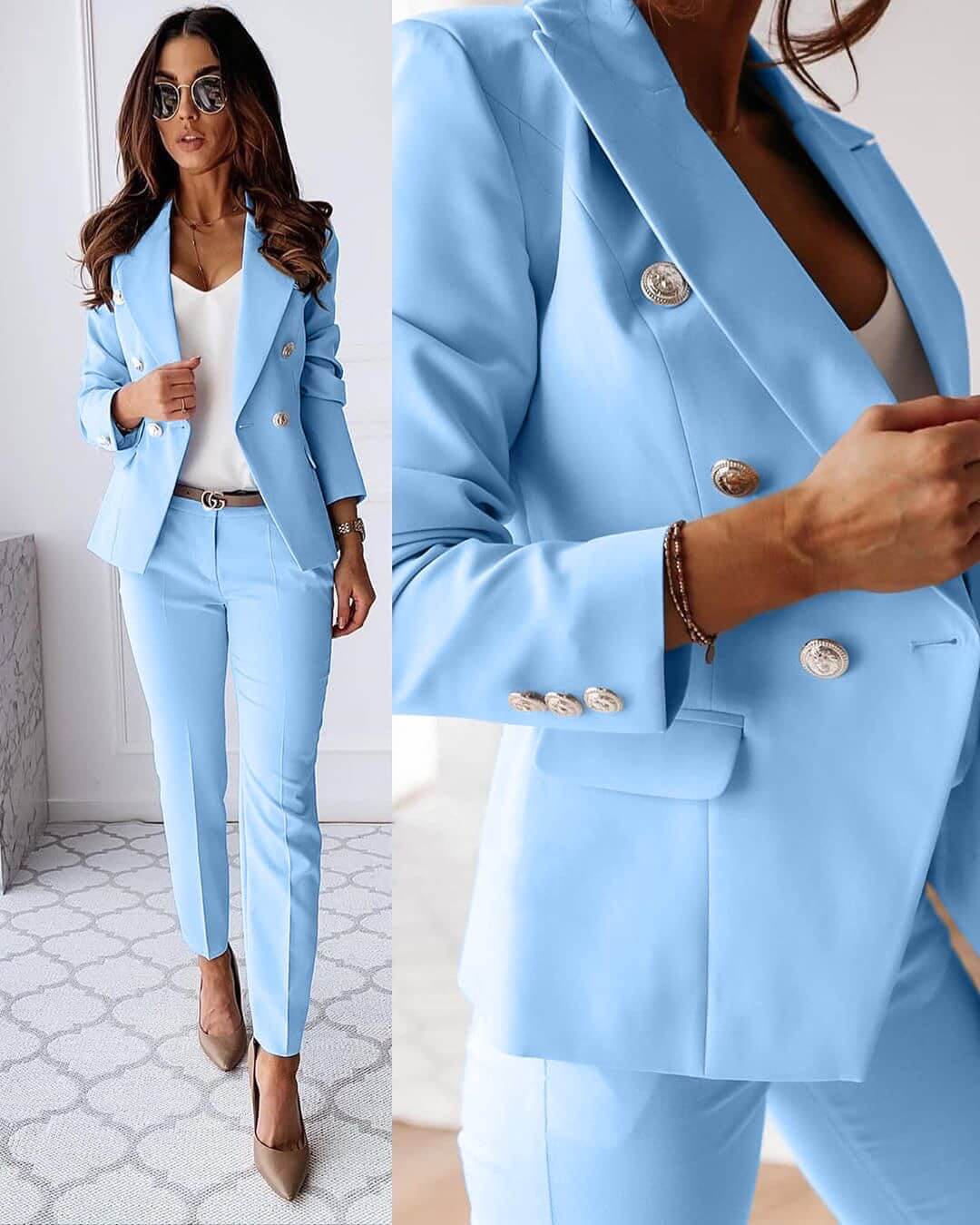 Women's tailored trouser suit with double-breasted blazer, notched lapels and matching trousers