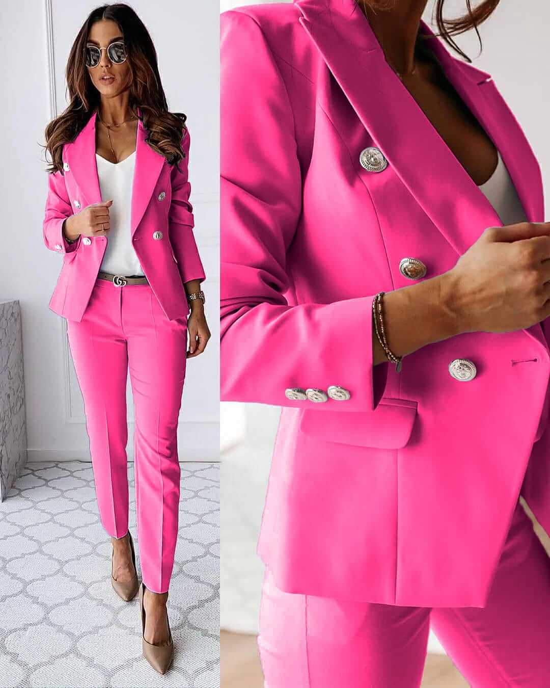 Women's tailored trouser suit with double-breasted blazer, notched lapels and matching trousers