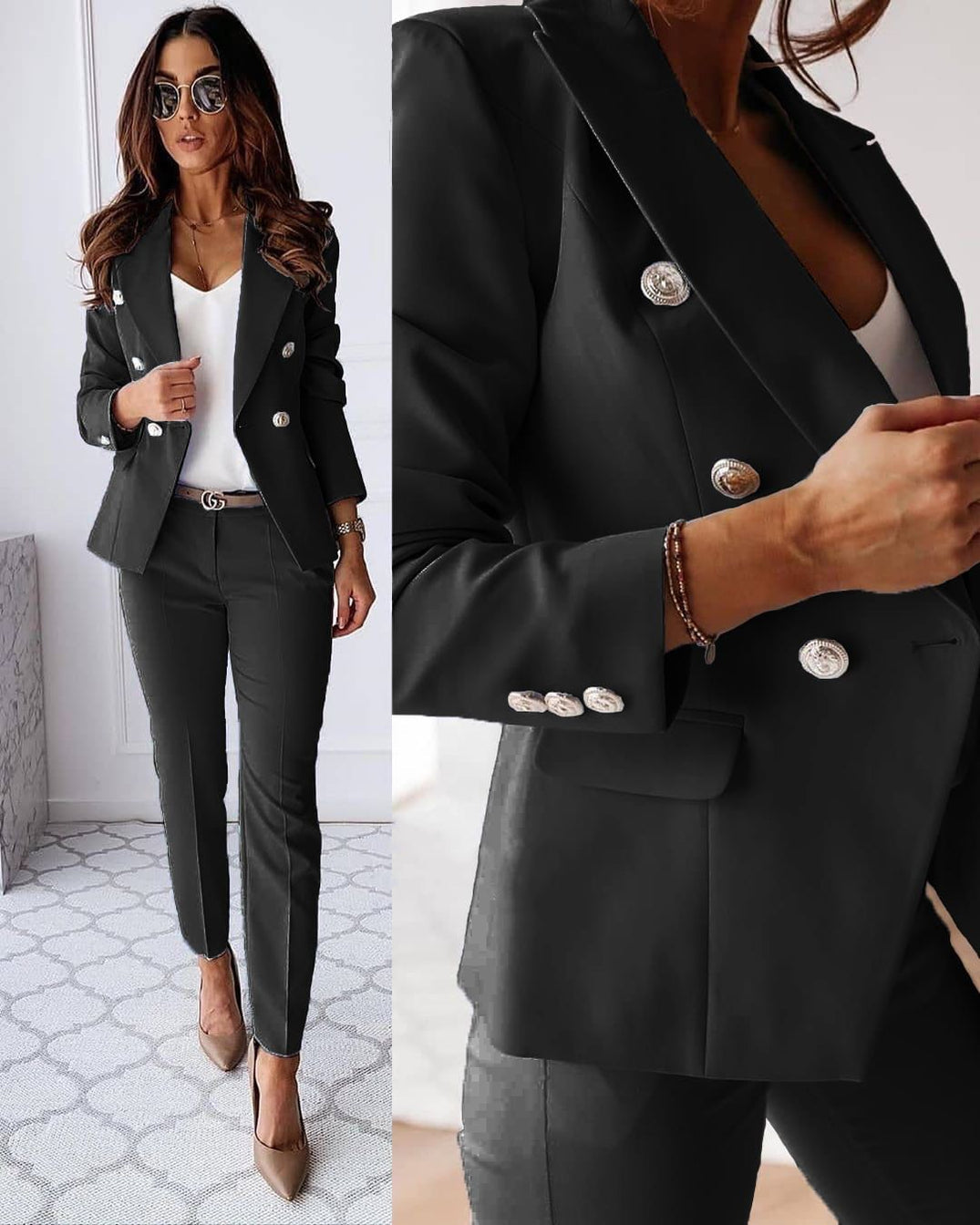 Women's tailored trouser suit with double-breasted blazer, notched lapels and matching trousers