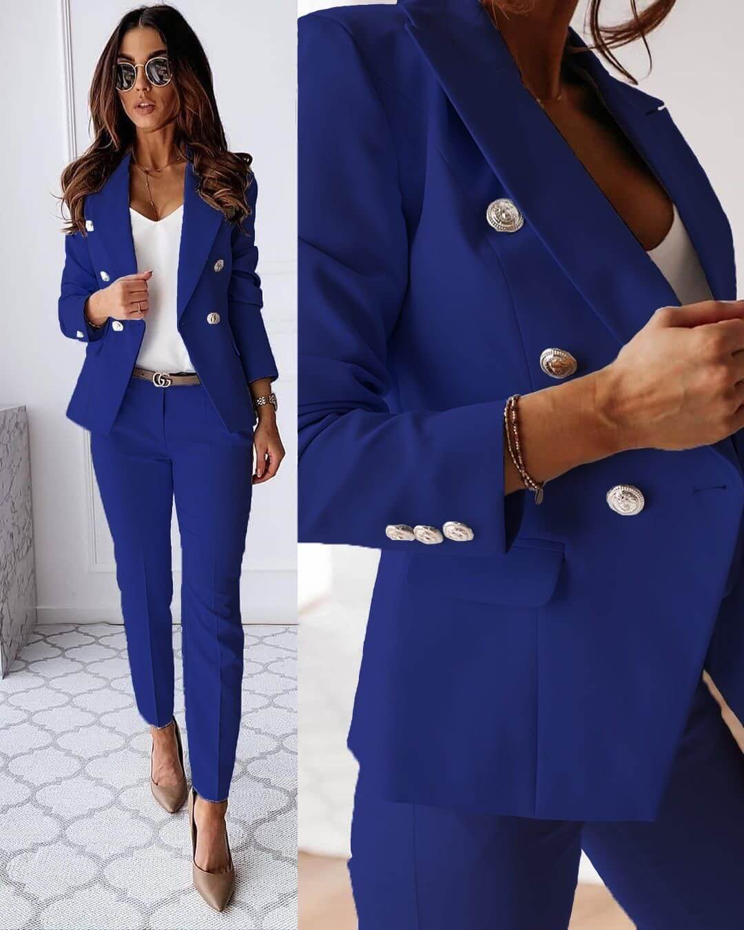 Women's tailored trouser suit with double-breasted blazer, notched lapels and matching trousers
