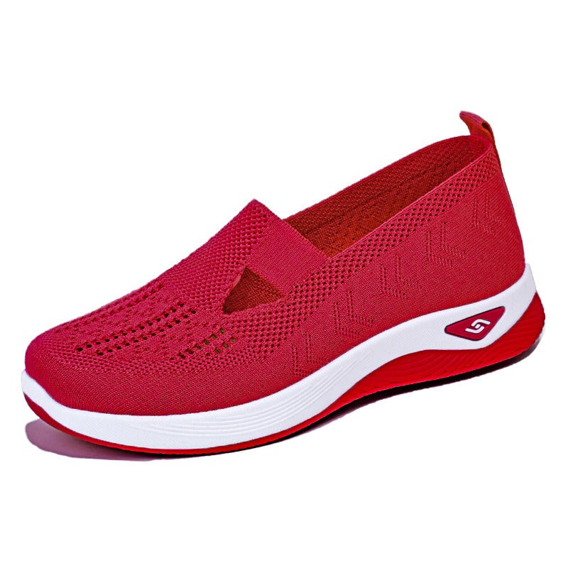 Women's slip-on knit-style trainers with a rounded toe and raised white sole