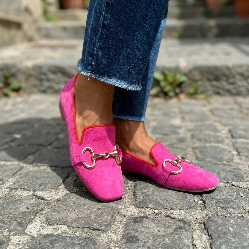 Women's bright loafers with square toes and metallic bit detail