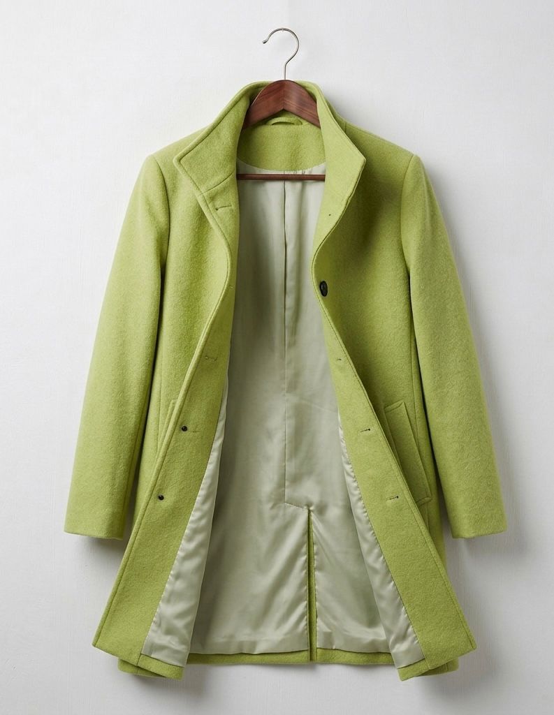 Women's long button front coat with notched lapels and angled pockets