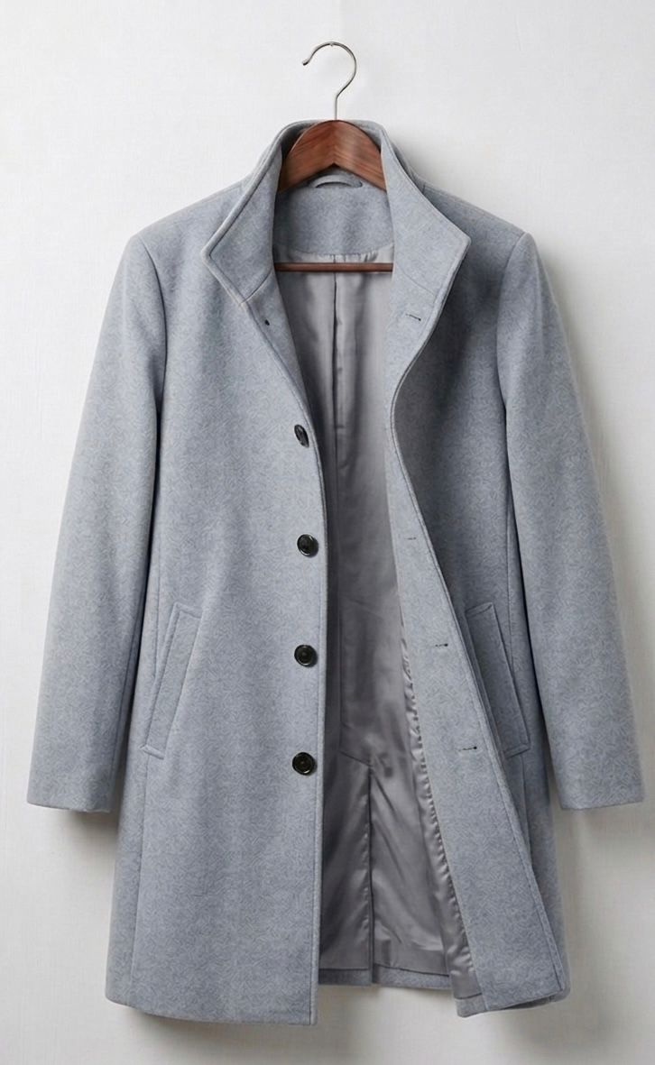 Women's long button front coat with notched lapels and angled pockets