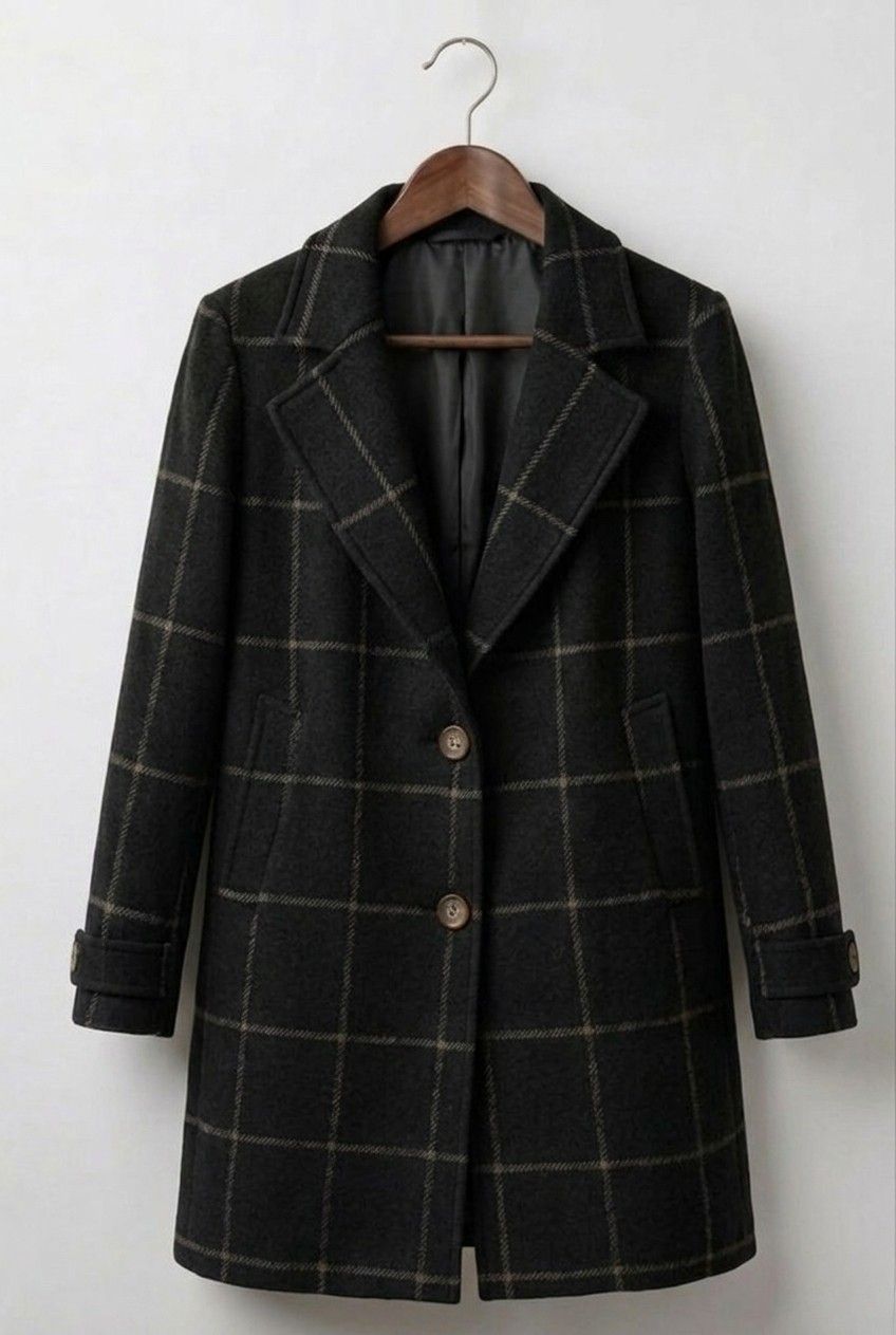Women's long checked plaid coat with notched lapels and button front