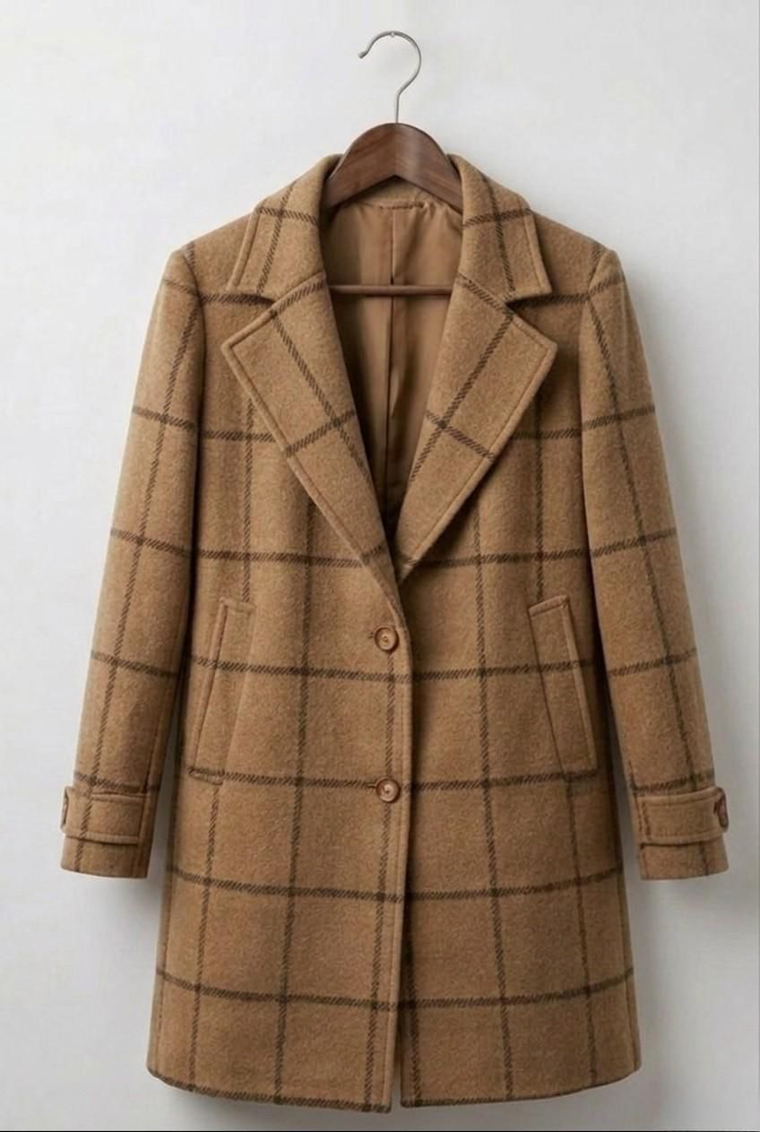 Women's long checked plaid coat with notched lapels and button front