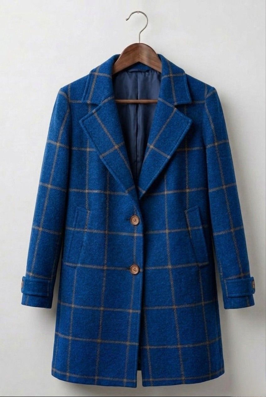 Women's long checked plaid coat with notched lapels and button front