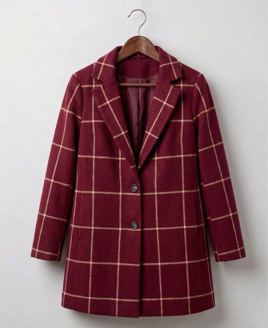 Women's long checked plaid coat with notched lapels and button front