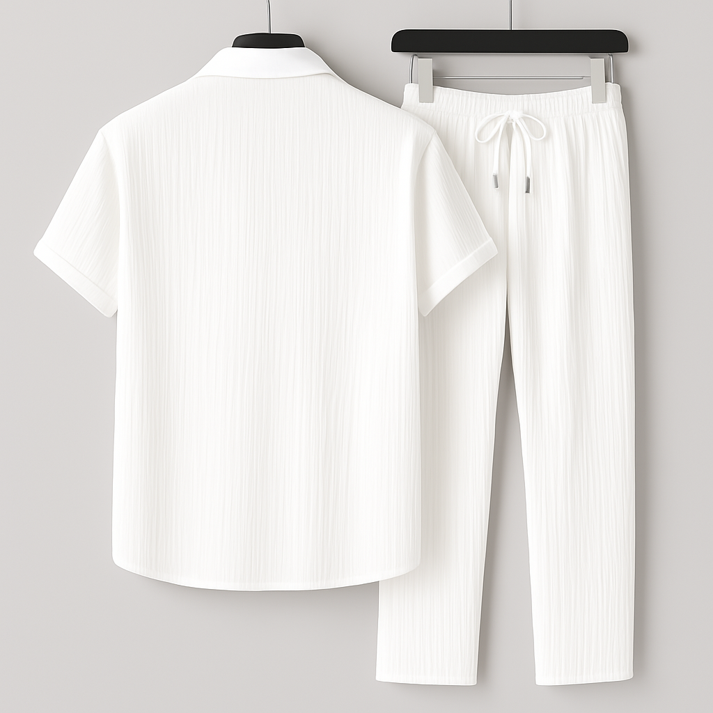 Men’s Textured Summer Co-Ord Set | Relaxed Open-Collar Shirt & Drawstring Trousers