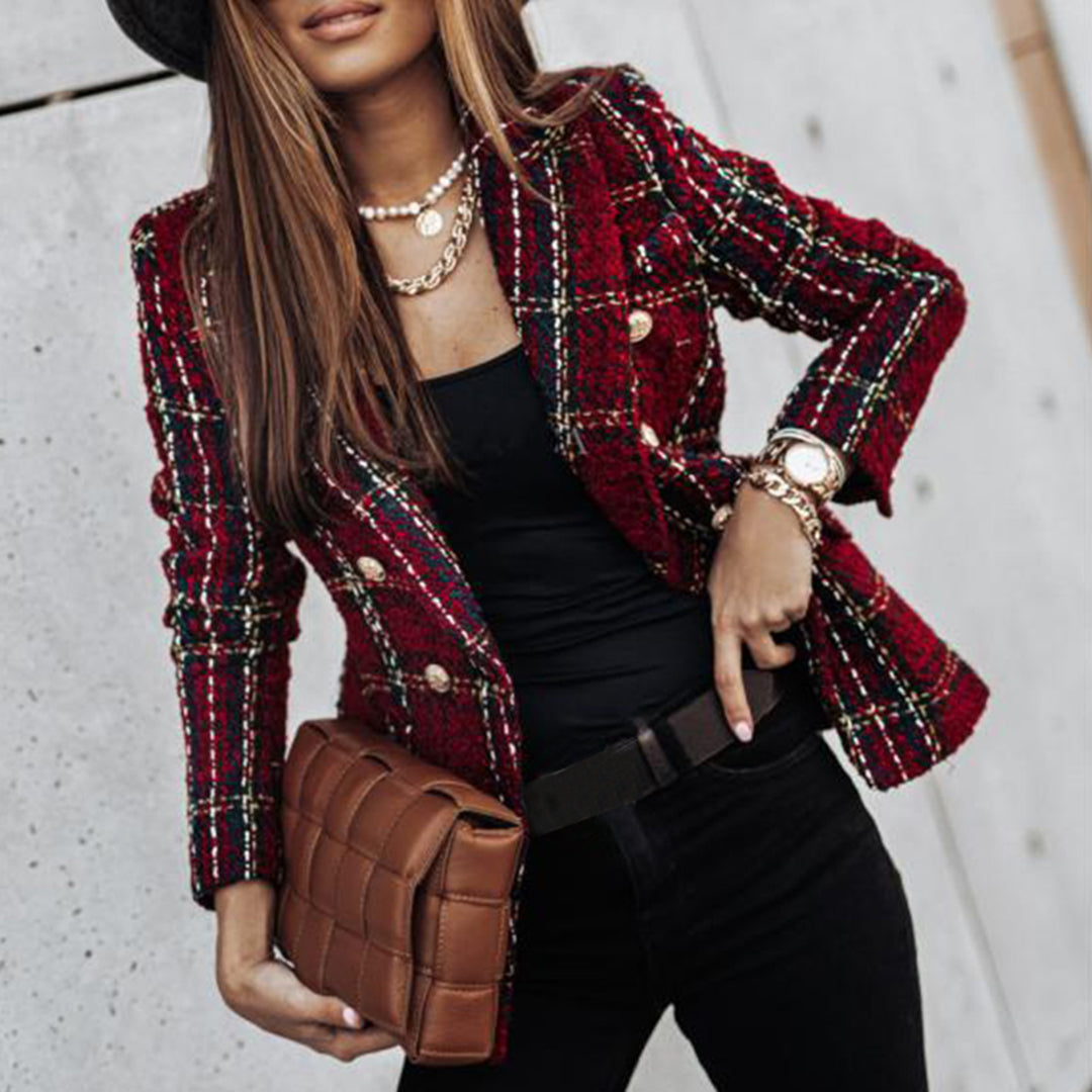Women's checked tailored blazer with notched lapels and long sleeves