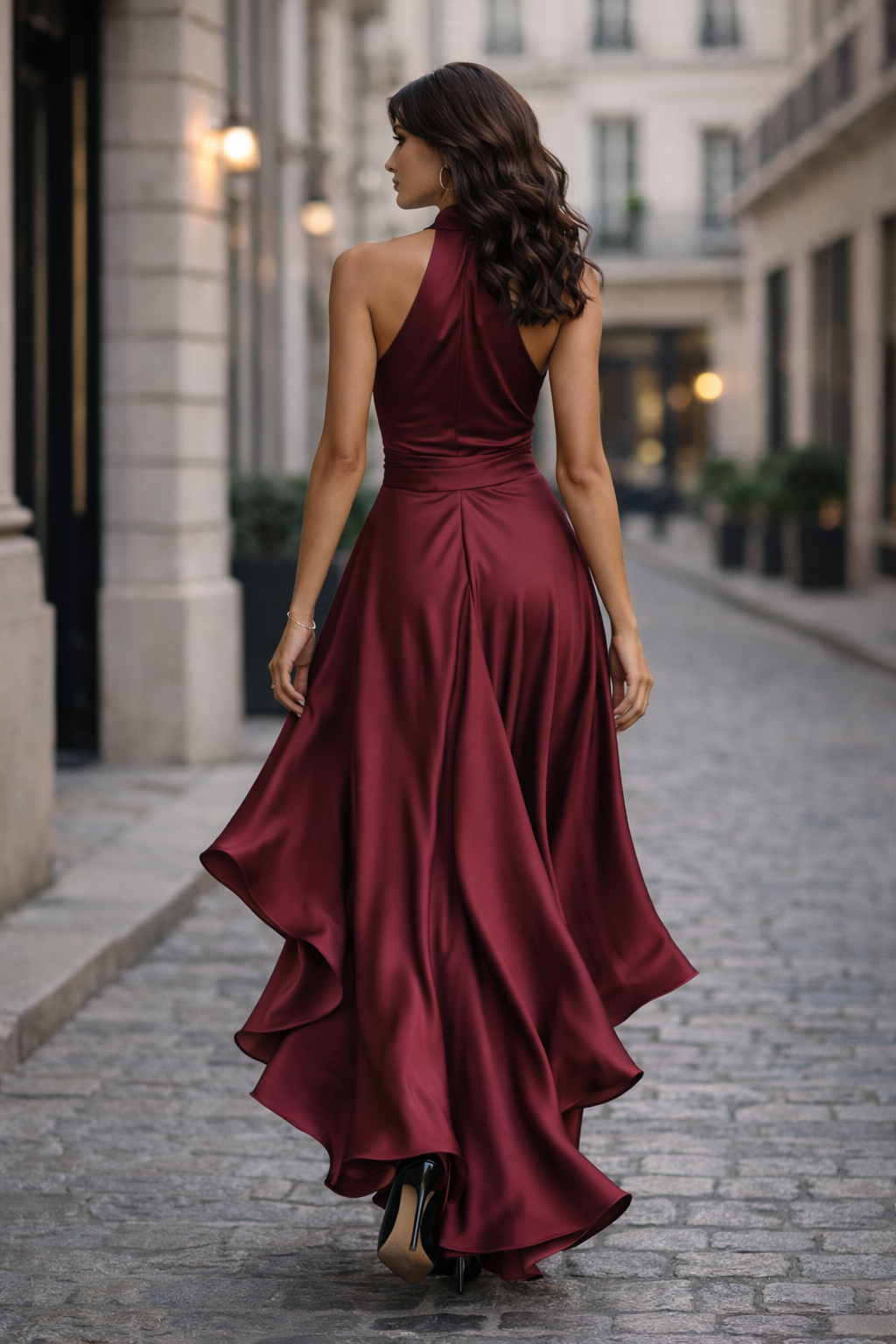 Women’s Satin Polyester Halter Ruffle Dress | Wine Red