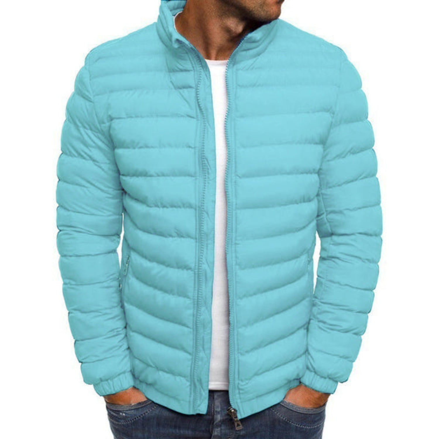 Men's Puffer Jacket Lightweight Stand Collar Zip - Light Blue