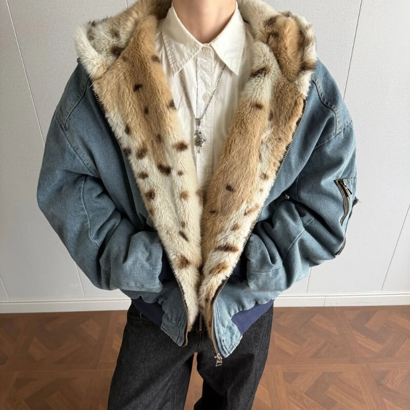 Men's blue hooded denim jacket with faux-fur collar and zip front