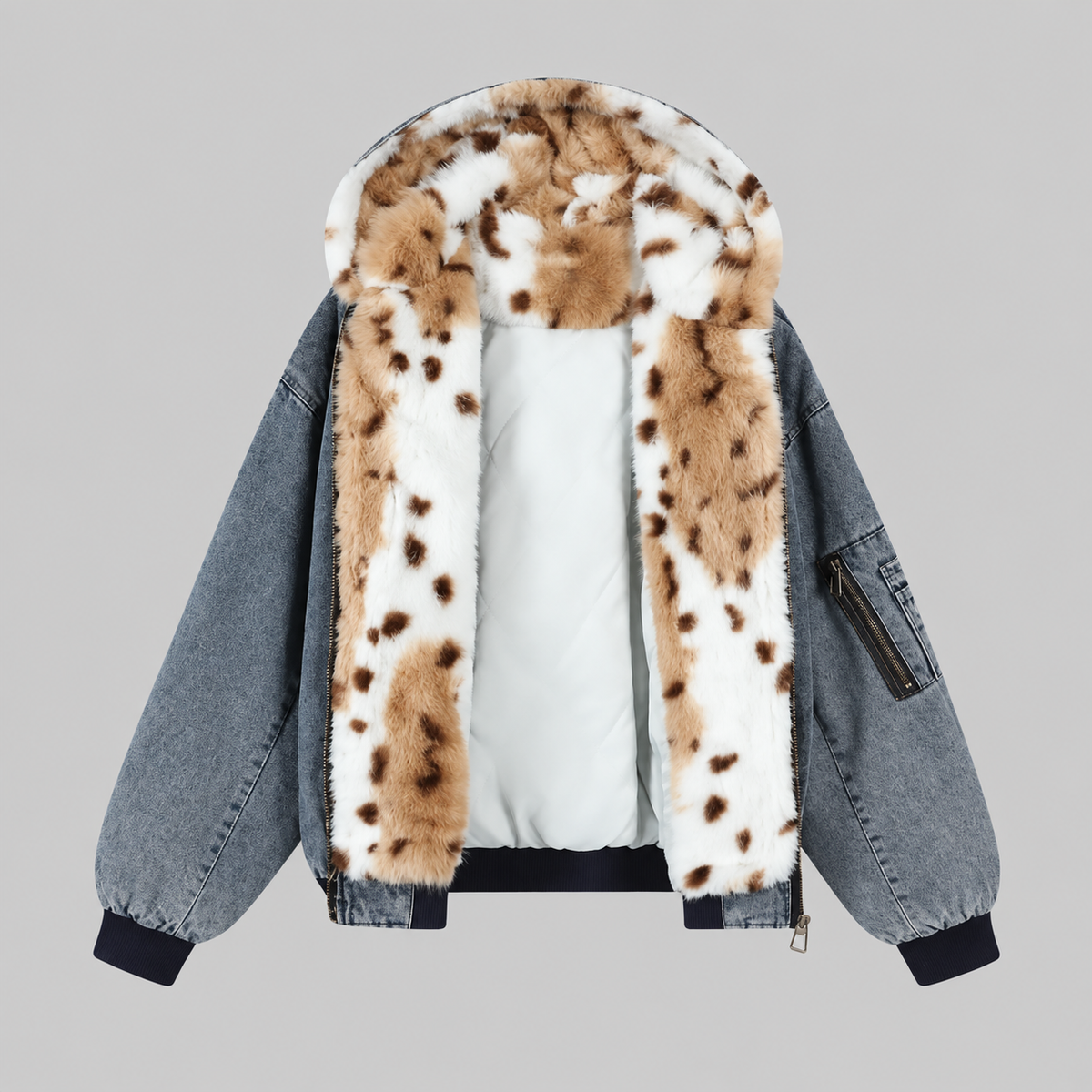 Men's blue hooded denim jacket with faux-fur collar and zip front