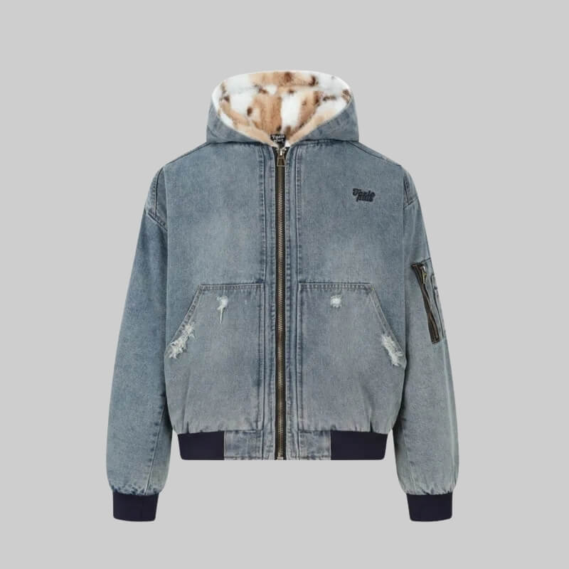 Men's blue hooded denim jacket with faux-fur collar and zip front