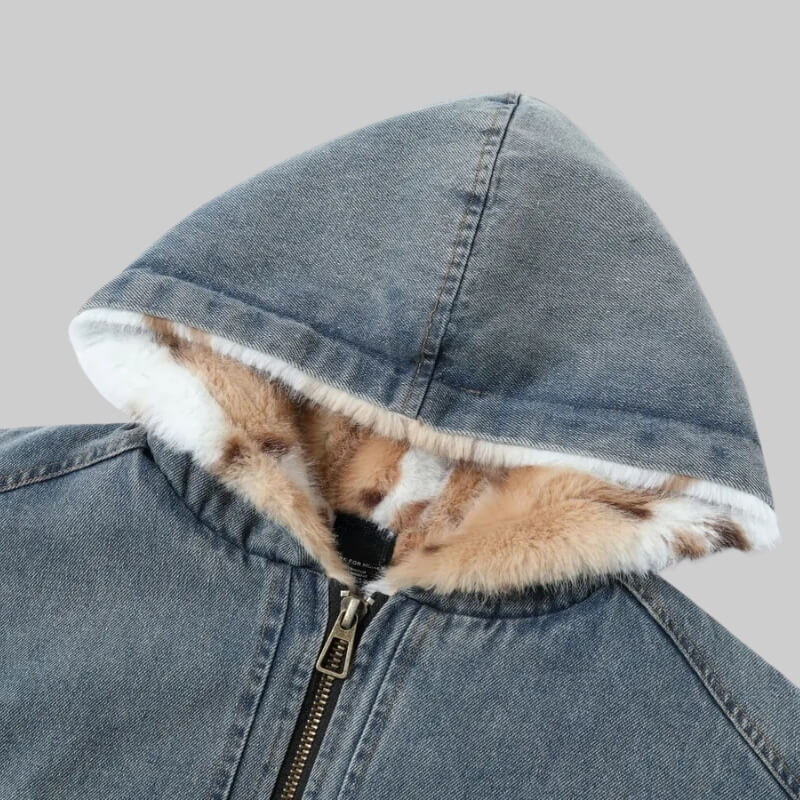 Men's blue hooded denim jacket with faux-fur collar and zip front
