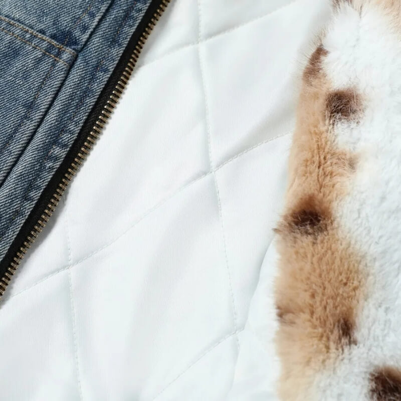 Men's blue hooded denim jacket with faux-fur collar and zip front