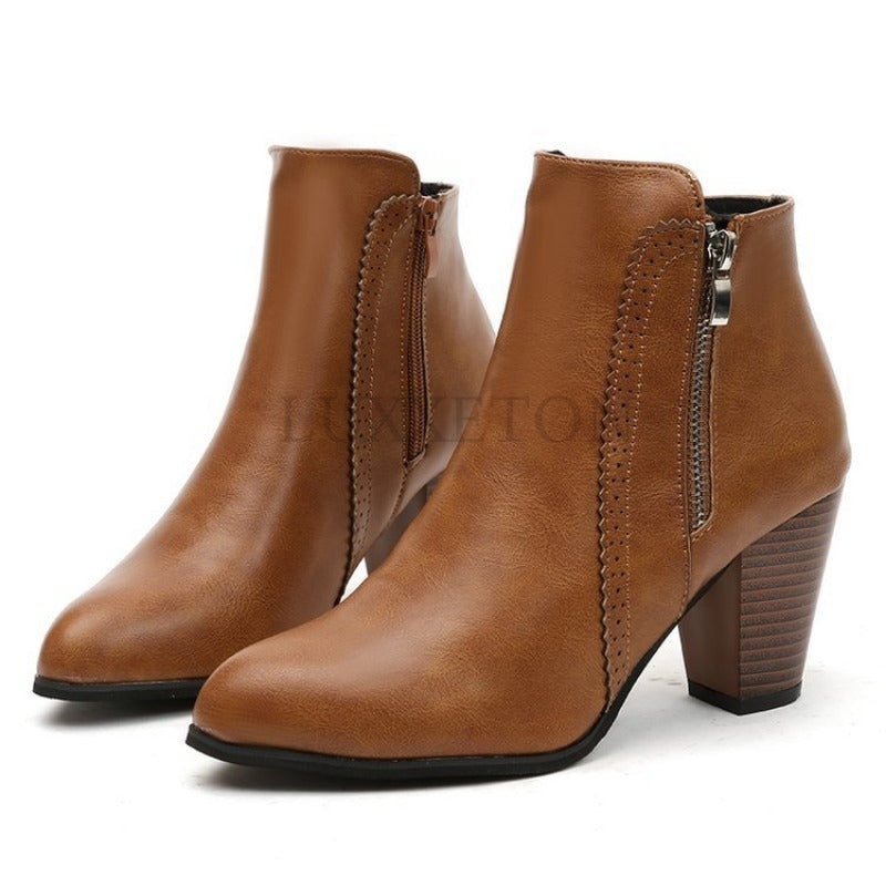 Women's Ankle Boot Block Heel Side Zip - Black