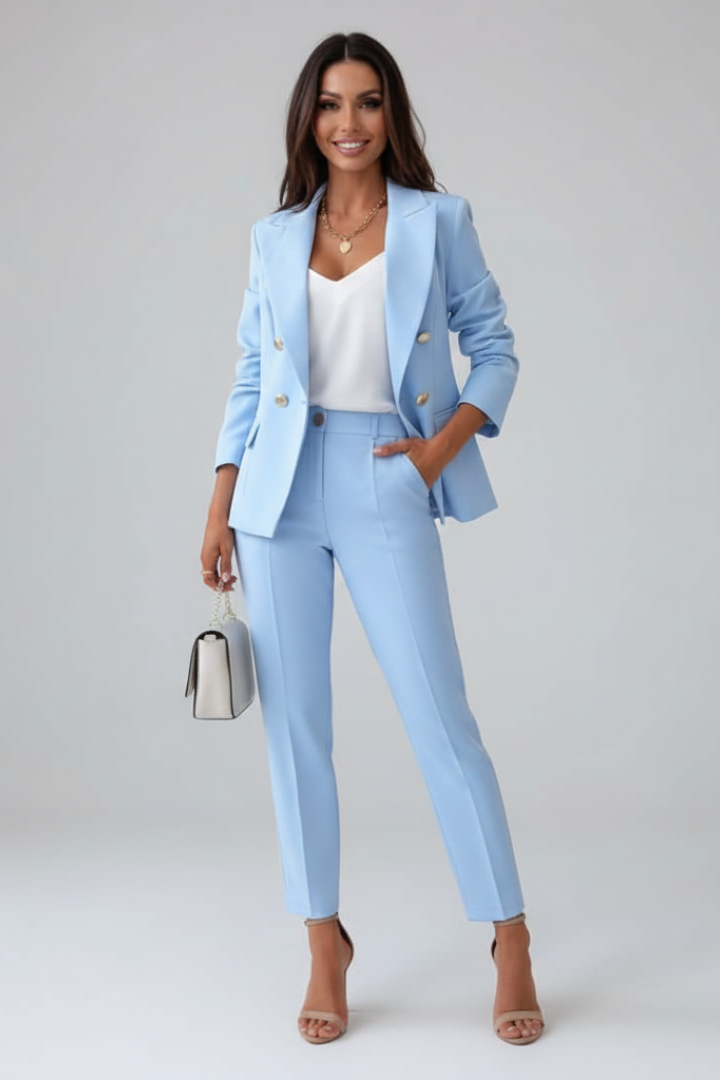 Women's tailored blazer and slim trouser suit set with notched lapels and button fastening