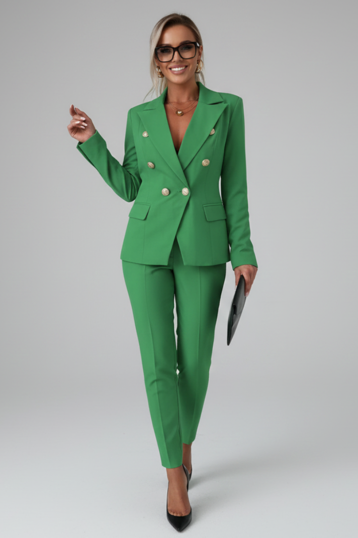 Women's tailored blazer and slim trouser suit set with notched lapels and button fastening