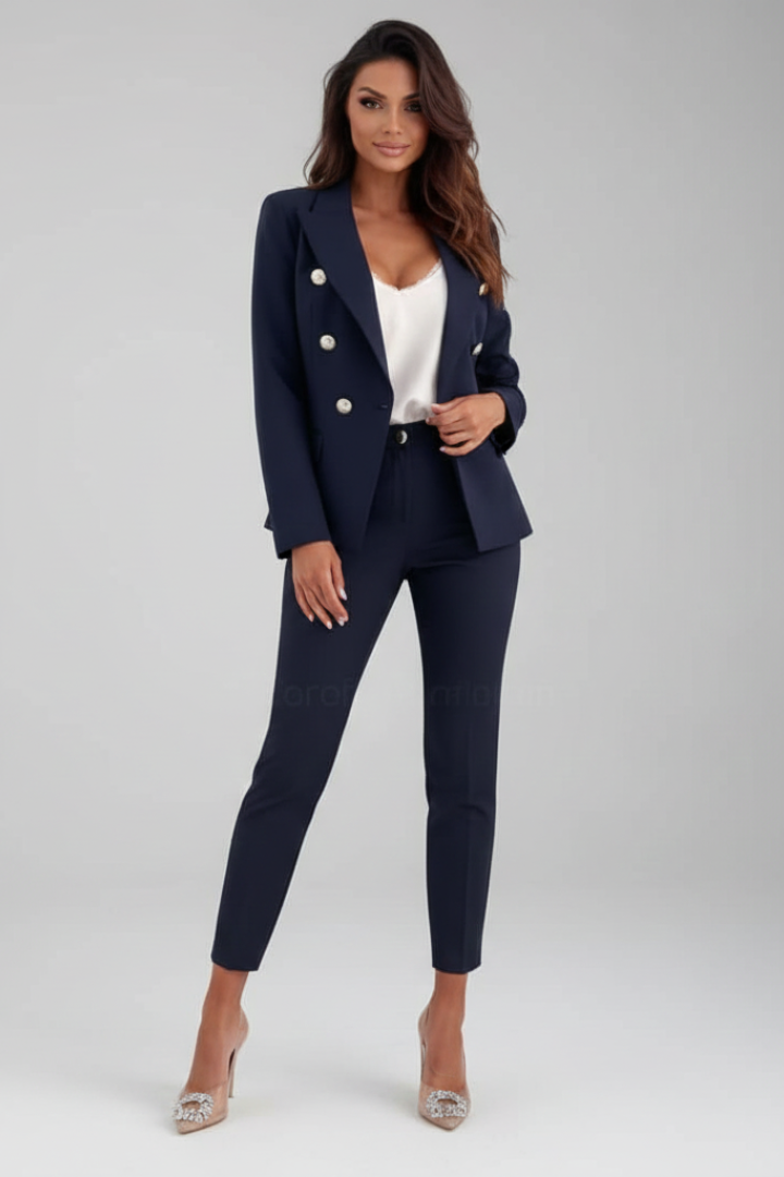 Women's tailored blazer and slim trouser suit set with notched lapels and button fastening