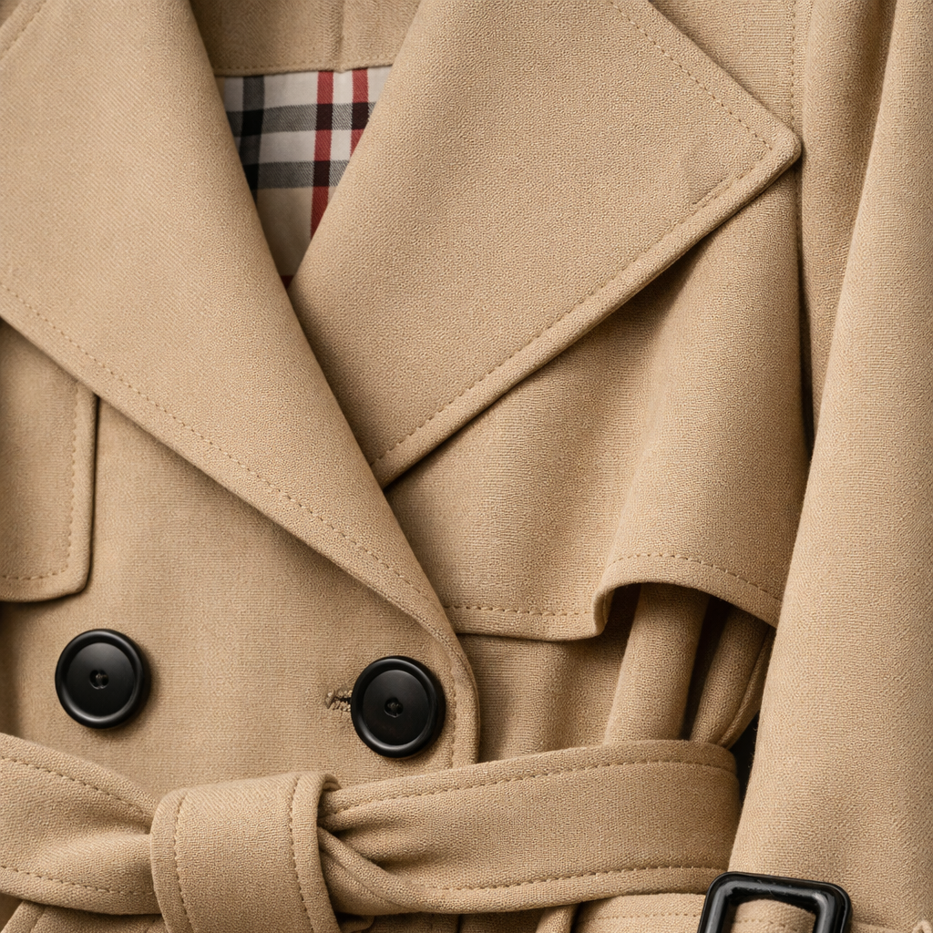 Women's belted double-breasted trench coat with long sleeves and buckle cuffs