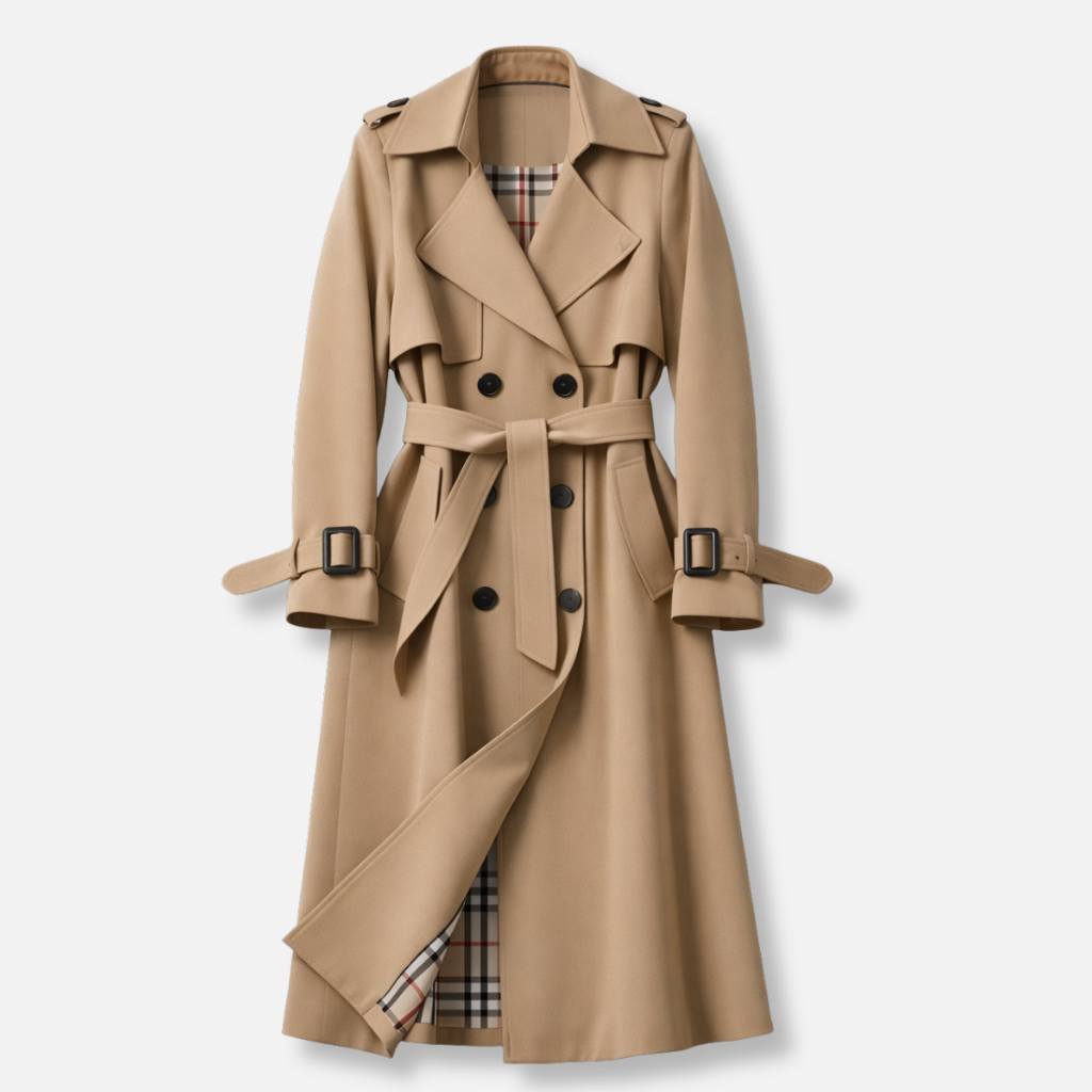 Women's belted double-breasted trench coat with long sleeves and buckle cuffs