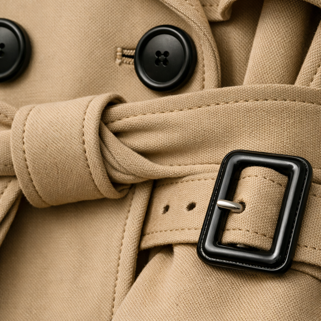 Women's belted double-breasted trench coat with long sleeves and buckle cuffs