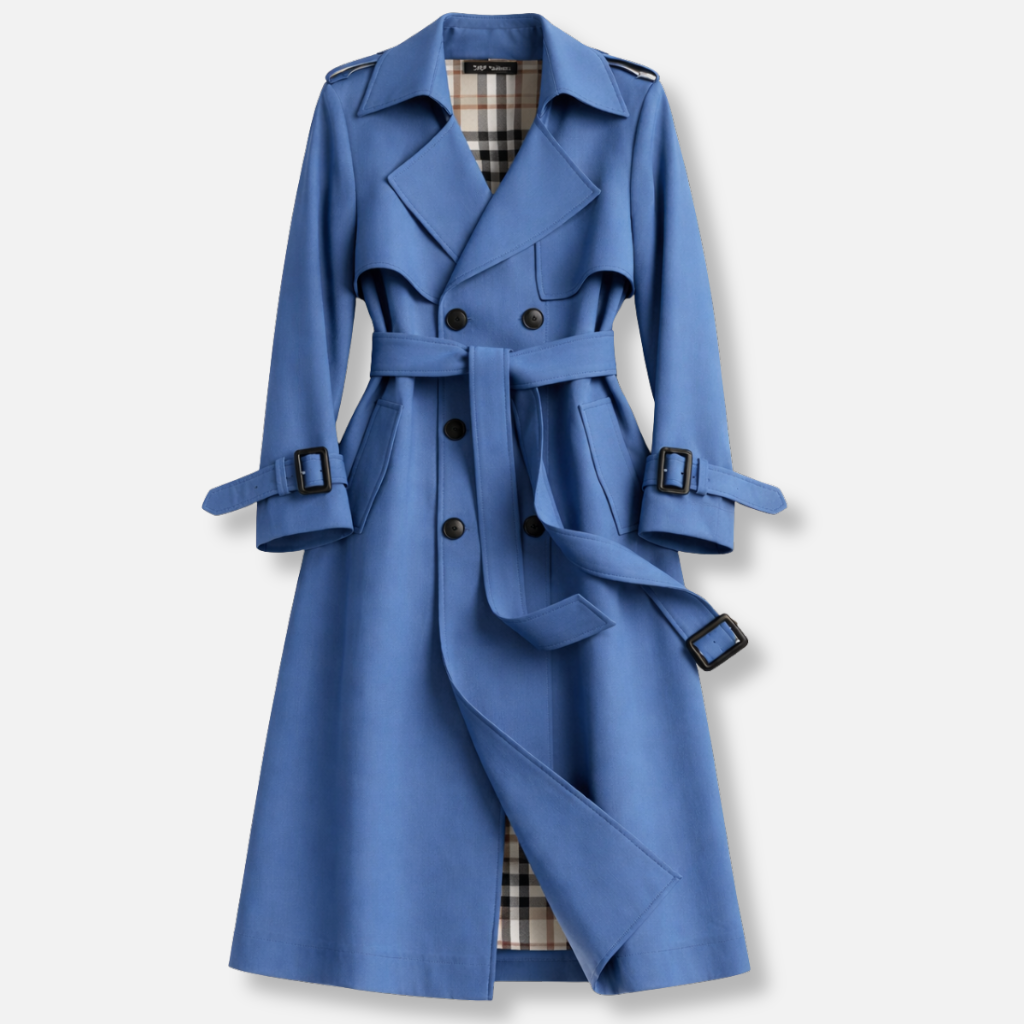 Women's belted double-breasted trench coat with long sleeves and buckle cuffs