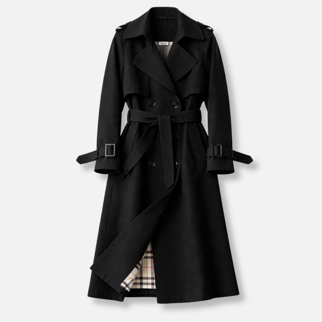 Women's belted double-breasted trench coat with long sleeves and buckle cuffs