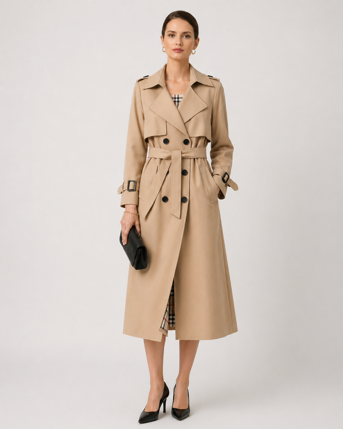 Women's belted double-breasted trench coat with long sleeves and buckle cuffs