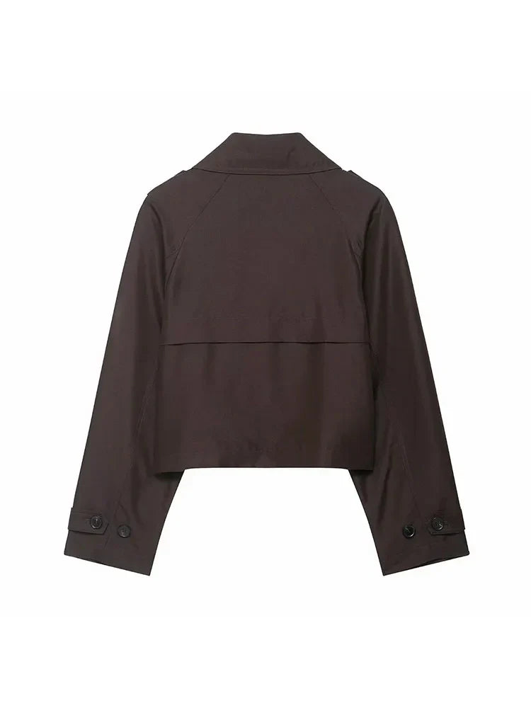 Women's Cropped Coat Double-Breasted Epaulette Detail - Brown