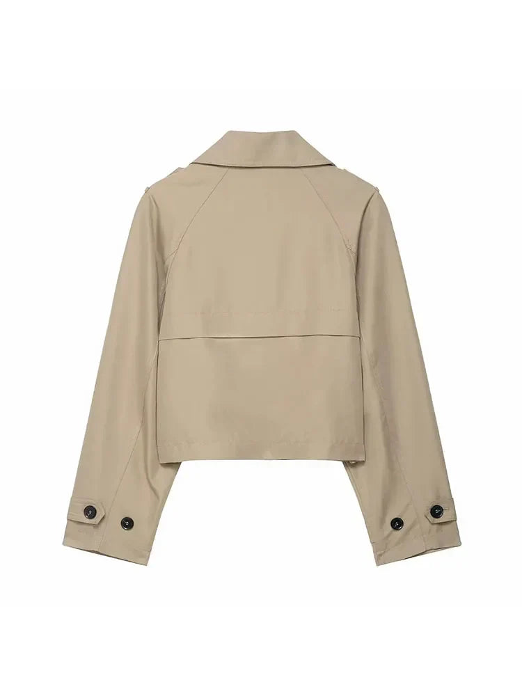 Women's Cropped Coat Double-Breasted Epaulette Detail - Beige