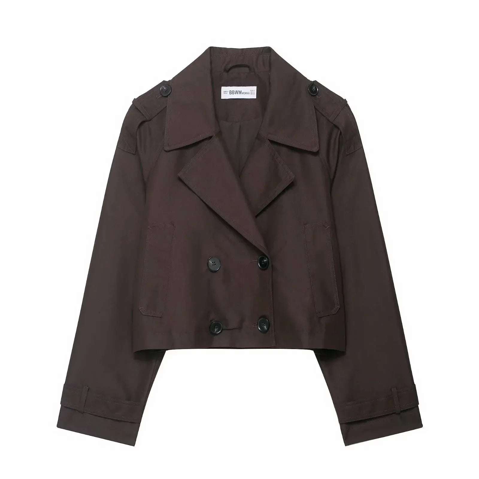 Women's Cropped Coat Double-Breasted Epaulette Detail - Brown