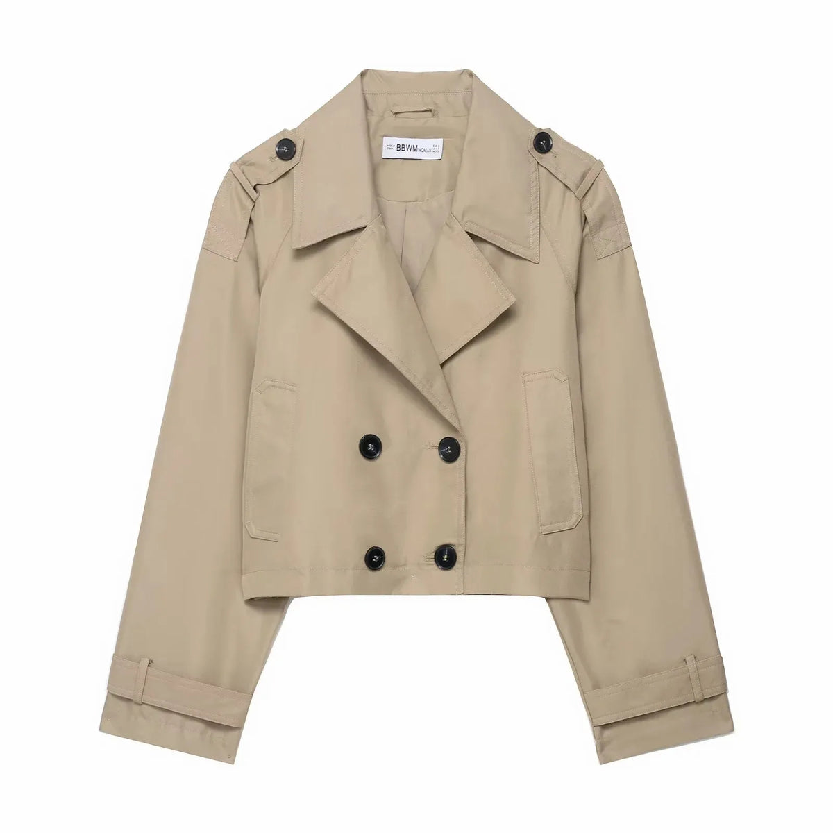 Women's Cropped Coat Double-Breasted Epaulette Detail - Beige