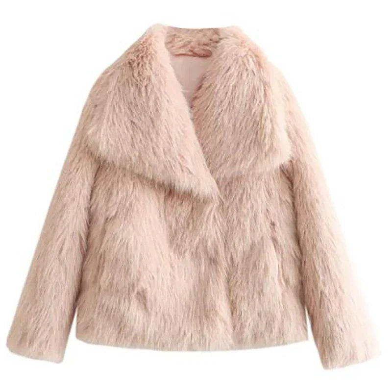 Women's Faux Fur Jacket Collarless Long Sleeve - Light Pink