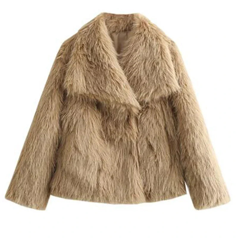 Women's Faux Fur Jacket Collarless Long Sleeve - Beige