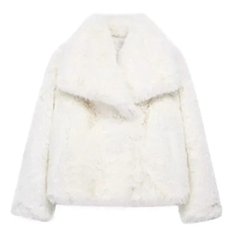 Women's Faux Fur Jacket Collarless Long Sleeve - White