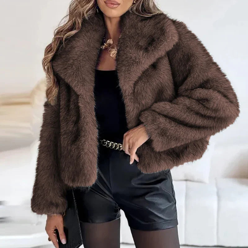 Women's Faux Fur Jacket Collarless Long Sleeve - Brown