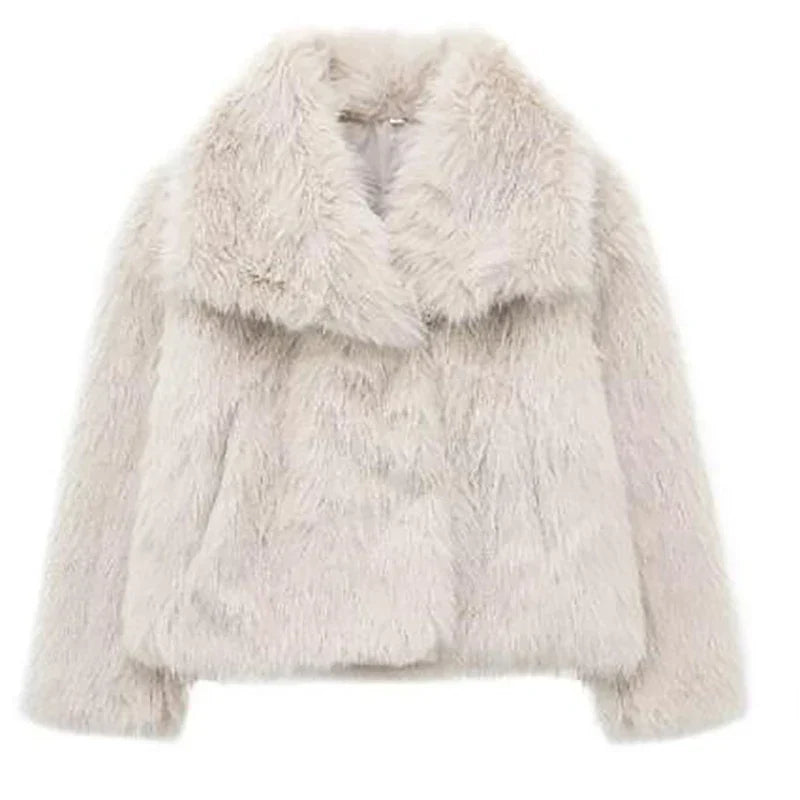 Women's Faux Fur Jacket Collarless Long Sleeve - Cream