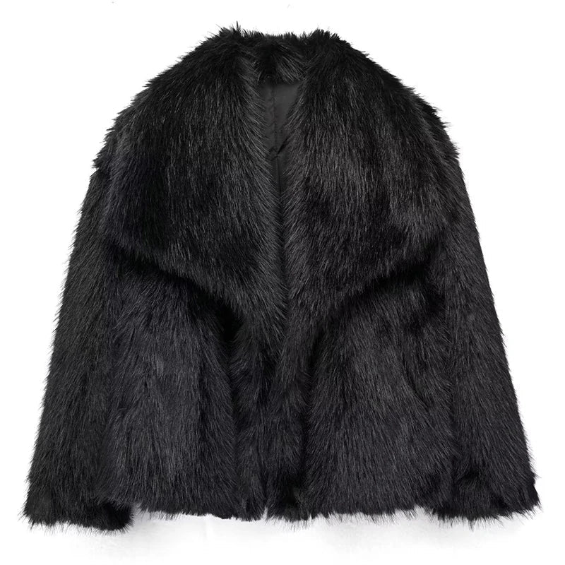 Women's Faux Fur Jacket Collarless Long Sleeve - Black