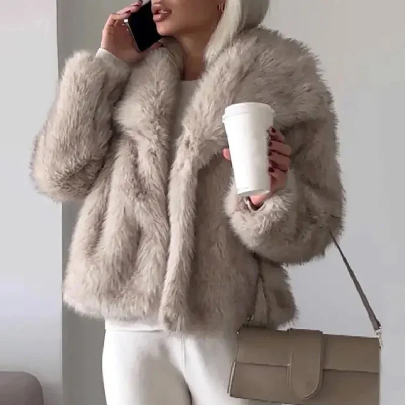 Women's Faux Fur Jacket Collarless Long Sleeve - Light Brown
