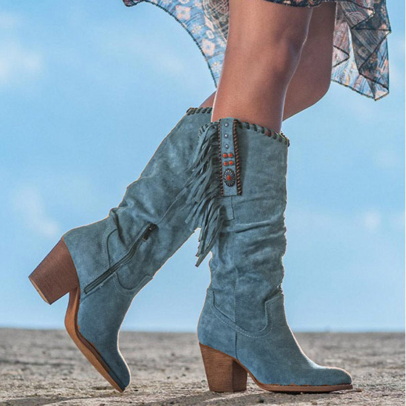 Women's Boots Suede Fringe Block Heel - Blue